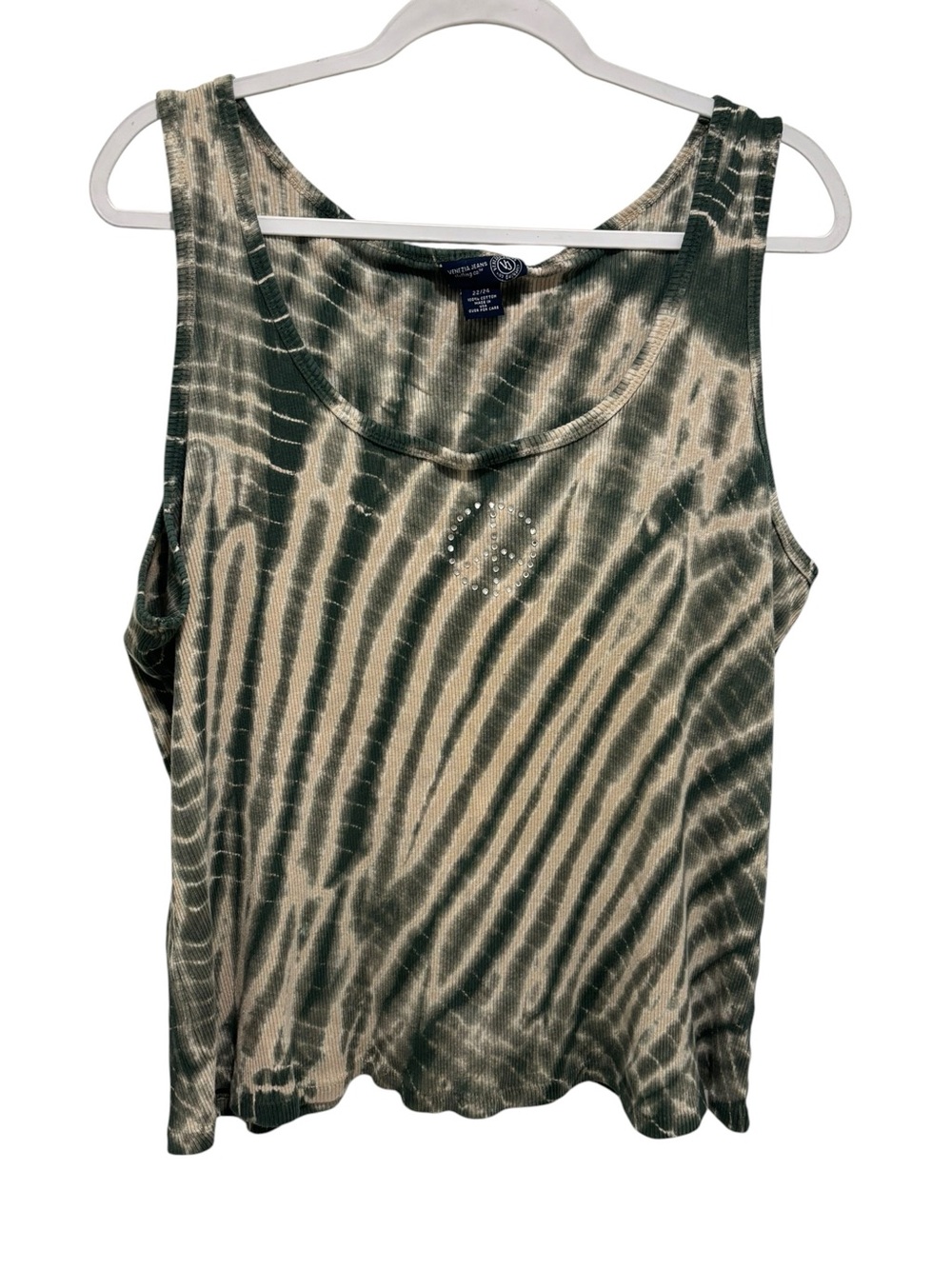 Tie-Dye Olive Tank Top with Subtle Rhinestone Detail